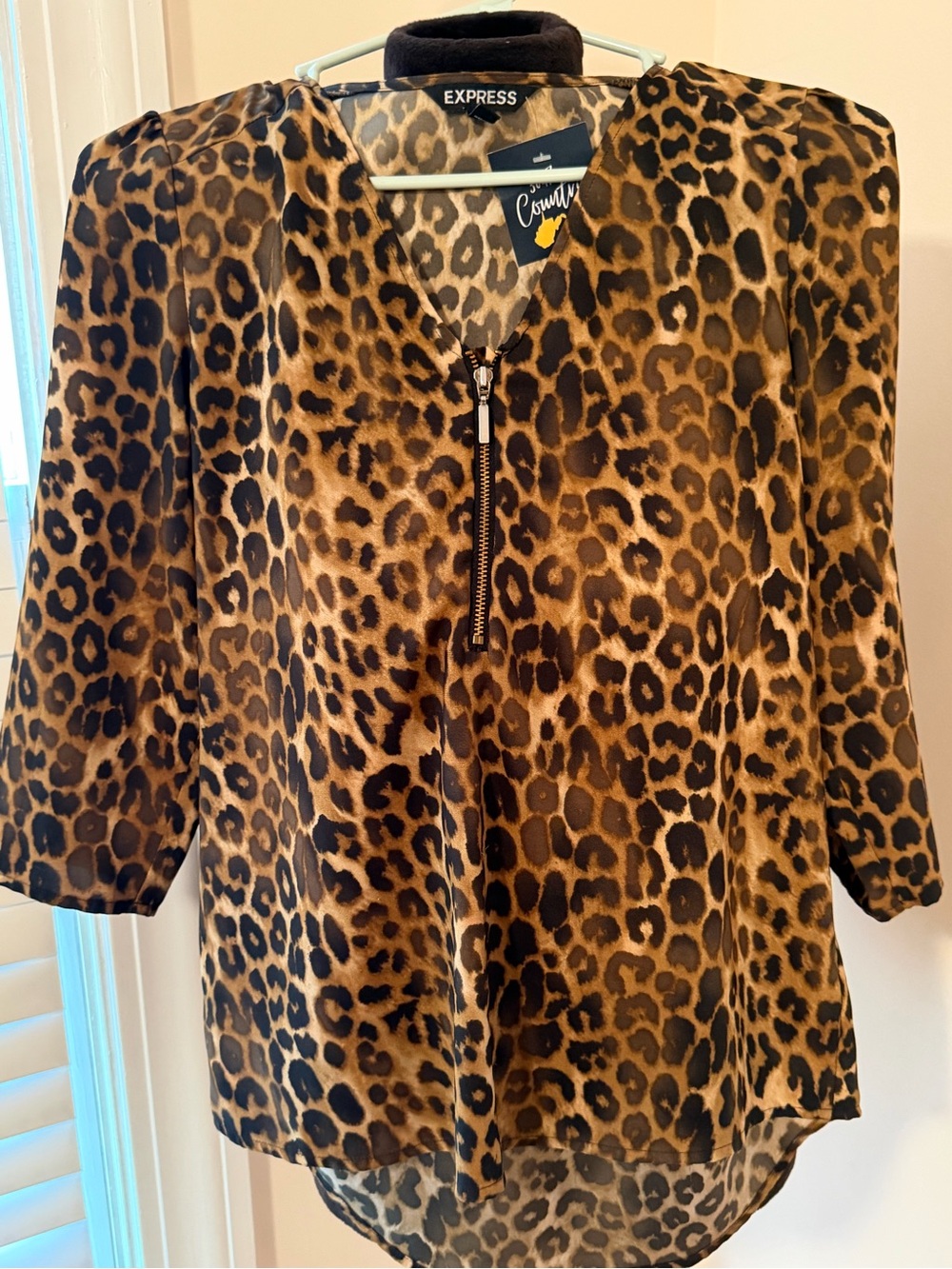 Express Leopard Print Zip-Front Blouse in Brown and Black